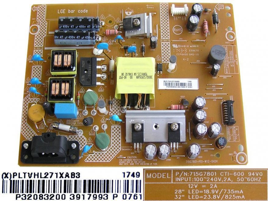 LCD modul zdroj PLTVHL271XAB3 / SMPS board unit 715G7801-P01-W12-0H2H / LG COV34567901 - Kliknutím na obrázek zavřete