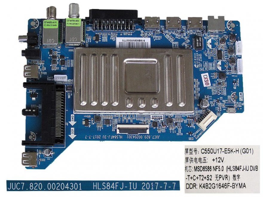 LCD modul základní deska Changhong CHiQ U55G6000 / Main board / HLS84FJ-IU / JUC7.820.00204301 / C550U17-E5K-H(G01) - Kliknutím na obrázek zavřete