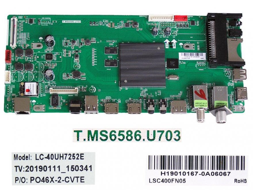LCD modul základní deska Sharp 40AJ2E / Main board H19010167-0A06067 / LC-40UH7252E / TP.MS6586.U703 - Kliknutím na obrázek zavřete