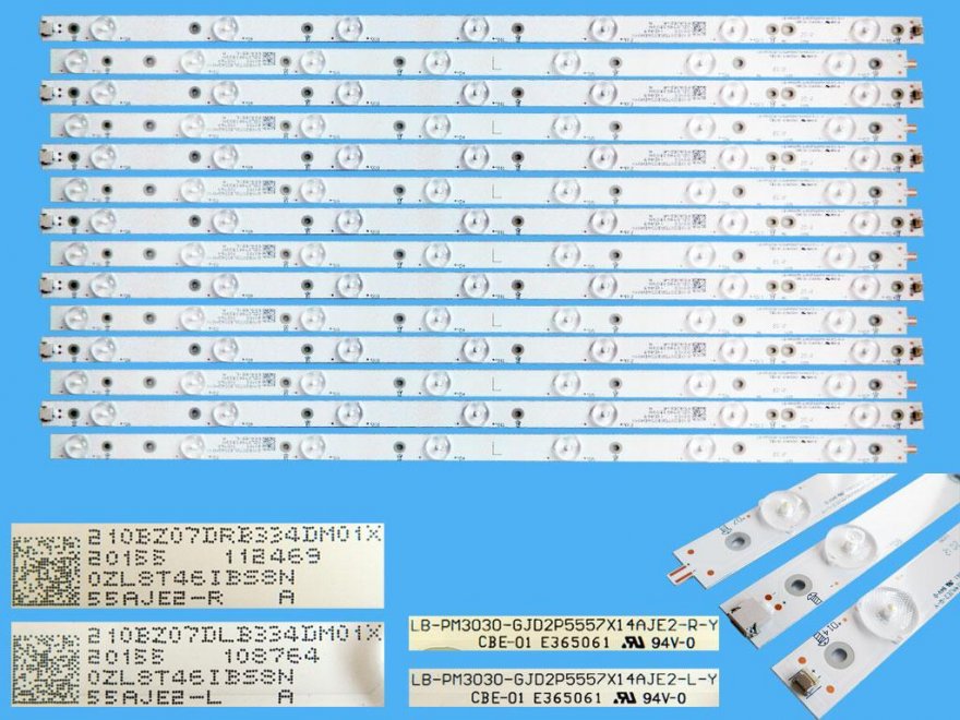LED podsvit sada Philips celkem 14 ks pásků LB-PM3030-GJD2P5557X14AJE2-R-Y plus LB-PM3030-GJD2P5557X14AJE2-L-Y / LED Backlight Assy D55AJE2-L plus 55AJE2-R / 705TLB55B334DM01X - Kliknutím na obrázek zavřete
