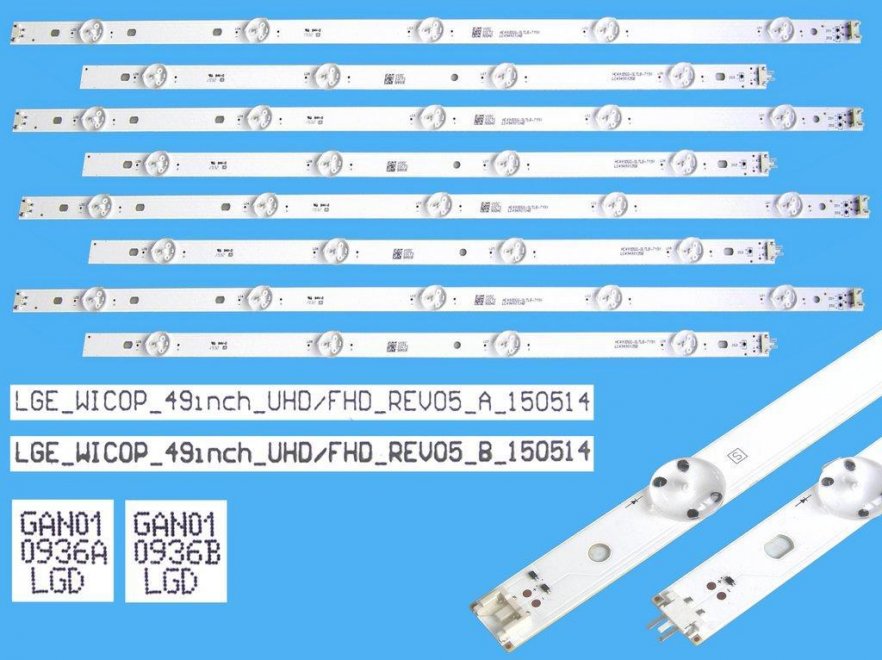 LED podsvit sada LG AGF79045601AL celkem 8 pásků / DLED TOTAL ARRAY LGE_WICOP_49inch_UHD GAN01 0936A plus LGE_WICOP_49inch_UHD GAN01-0936B / 49UH61_UHD_A plus 49UH61_UHD_B 150514 - Kliknutím na obrázek zavřete