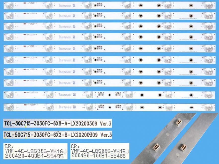 LED podsvit 470mm sada TCL celkem 10 pásků / DLED ARRAY TCL-50C715-3030FC-6x8-A-LX20200309 Ver.3 / TCL-50C715-3030FC-6x2-B-LX20200309 Ver.3, YHF-4C-LB5006-YH15J / YHF-4C-LB5006-YH16J - Kliknutím na obrázek zavřete