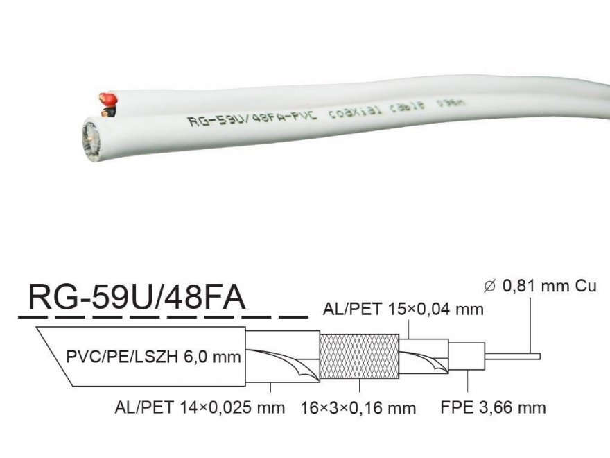 Kabel - metráž KOAX RG-59U/48FA 2x0,75mm plus 6mm koaxiální kabel 75 Ohm KK31V - Kliknutím na obrázek zavřete