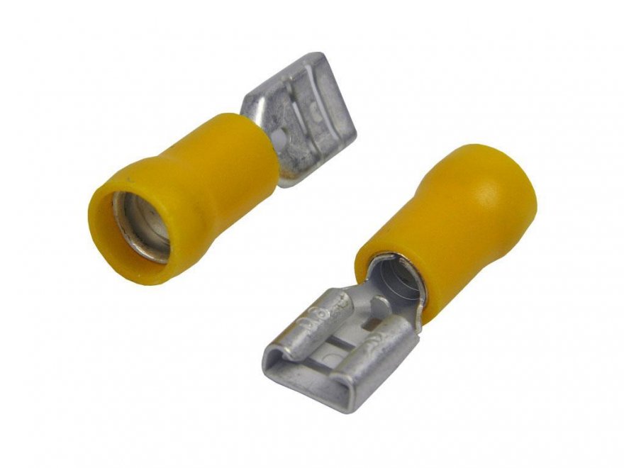 Konektor Faston 6.3mm krimpovací se žlutou izolací - průchozí - zásuvka a kolík - Kliknutím na obrázek zavřete