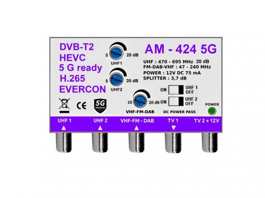anténní zesilovač pro DVB-T2 AM-424-IN 5G zesílení 20dB UHF1 plus UHF2 plus DAB/FM/VHF - Kliknutím na obrázek zavřete