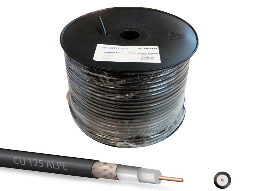 Kabel - klubo 100m KOAX Zircon CU 125 ALPE 6.8mm koaxiální kabel 75 Ohm černý - Kliknutím na obrázek zavřete